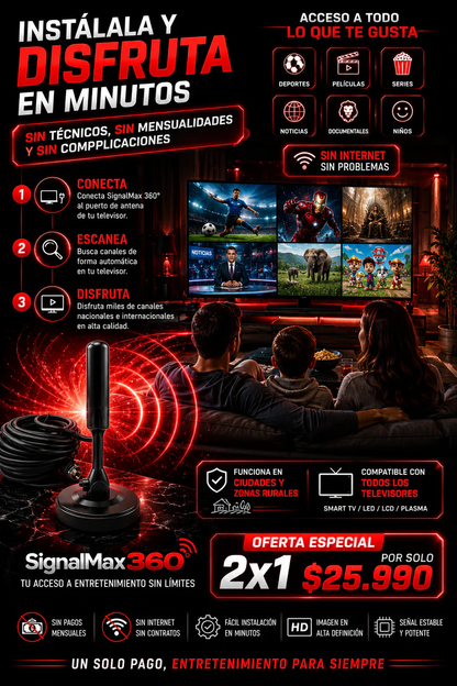 SignalMax 360° 2X1 – Antena TV Digital TDT 4K UHD Profesional +3000 Canales
